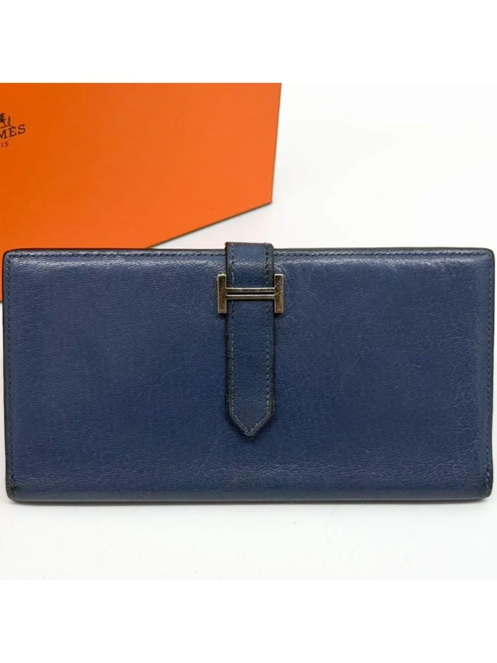 Hermes Bearn Soufflet Chevre Navy Wallet Silver Bifold